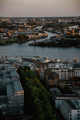 Top view of the buildings in Hamburg port district in the evening sun. Beautiful cityscape metropolis infrastructure. 