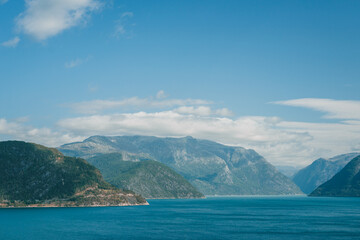 Mountains during moody weather in autumn Norway with a fjord