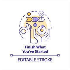 Finish what you started concept icon. Getting rid of creative block tip abstract idea thin line illustration. Isolated outline drawing. Editable stroke. Arial, Myriad Pro-Bold fonts used