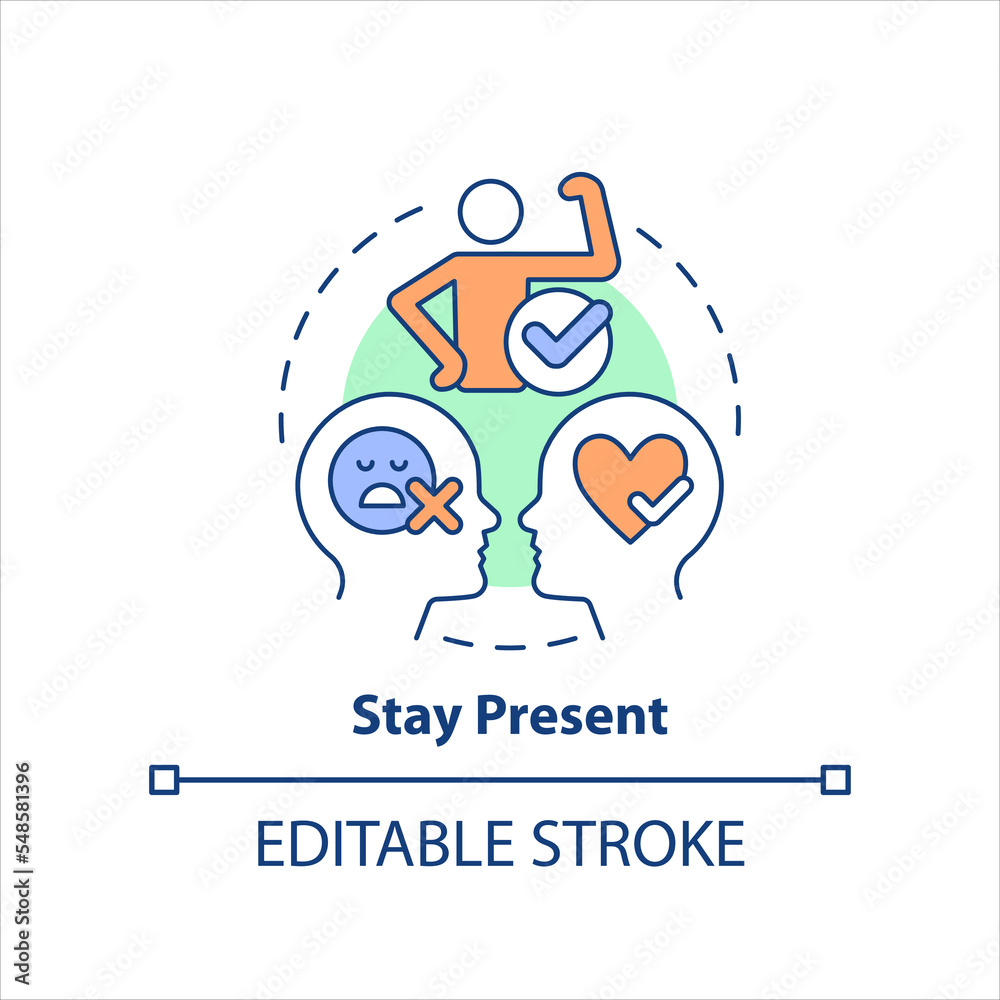 Sticker Stay present concept icon. Personal growth. Suffering from imposter syndrome tip abstract idea thin line illustration. Isolated outline drawing. Editable stroke. Arial, Myriad Pro-Bold fonts used