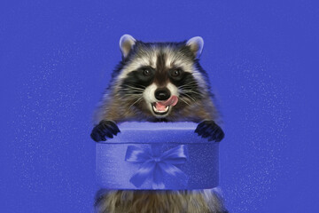 Raccoon in the style of imitation oil paint painting. artwork, stiker, greeting card, postcard,image for t shirt, poster. tricky Friendly but strange raccoon polosun licks his mouth.  