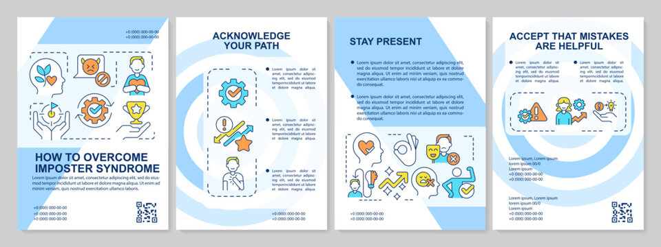 Overcoming impostor feelings tips blue brochure template. Leaflet design with linear icons. Editable 4 vector layouts for presentation, annual reports. Arial, Myriad Pro-Regular fonts used