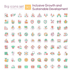 Inclusive growth and sustainable development RGB color icons set. Social equality. Isolated vector illustrations. Simple filled line drawings collection. Editable stroke. Quicksand-Light font used