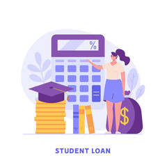 Students investing money in education. People pay tuition fee in university. Student taking education loan in bank. Concept of student loan, education credit, paid training. Vector illustration
