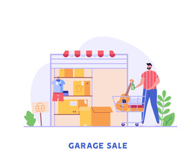 Neighbors buy and sell personal things at garage sale. People shopping home supplies. Concept of garage sale, flea market, bazaar. Vector illustration in flat cartoon design