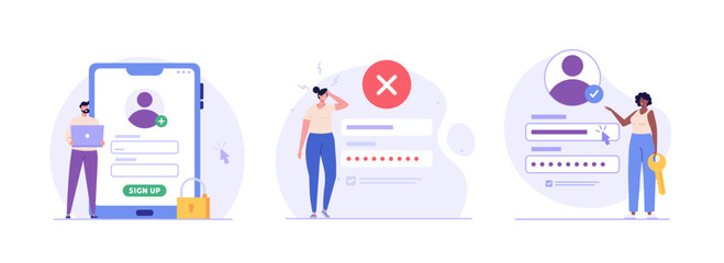 Concept of online registration, sign up, forgot password. Registration sign up. People register new account. Duo verification account. Vector illustration set in flat cartoon design UI mobile app