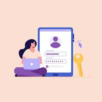 Concept of online registration, sign up, user interface. Registration sign up. Woman creates new account. Users use secure login password. Vector illustration in flat cartoon design UI mobile app
