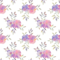 Watercolor bouquet, seamless botanical pattern. Flowers and leaves collected in a seamless pattern for design.