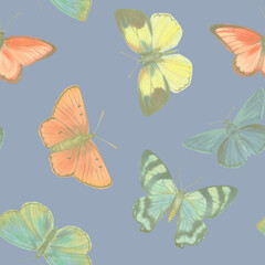 Multi-colored butterflies painted in watercolor, collected in a pattern. Seamless background of watercolor butterflies for wallpapers, textiles, wrapping paper, postcards.