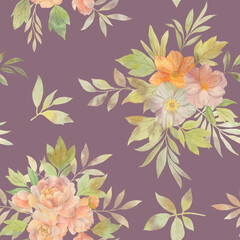 Seamless floral pattern with flowers and leaves, watercolor illustration. Template design for wrapping paper, textiles, wallpaper, interior, clothes, postcards.