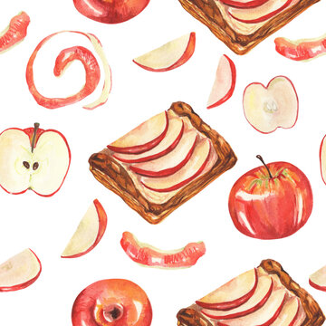 Watercolor apple pie. Apple bun. Pastry and confectionery print. Watercolor food illustration. Watercolor apples seamless pattern. Design for textile, fabric, wrapping paper, decor, packing, boxes.