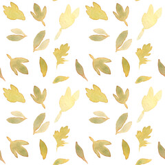 seamless pattern of watercolor drawings of golden leaves and flowers