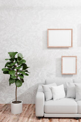 White room with shelf and flower. Scandinavian interior design. 3D illustration