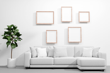 White room with shelf and flower. Scandinavian interior design. 3D illustration