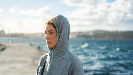 young girl walk ships buildings beautiful mediterranean sea malta island sand stones sun cacti © Tymoteusz