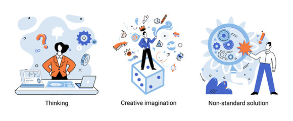 Creative thinking. People with different mental mindset types or model creative. Imaginative logical and structural thinking. MBTI person metaphor. Non standart solution. Brain think people solve idea