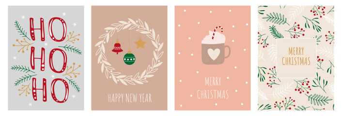 Festive Christmas and New Year cards in pastel colors. Winter universal abstract creative art templates. Minimal design for a gift bag, poster, packaging.