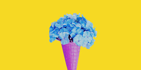 Close up stylish unusual cone and flower petals as ice cream on yellow background