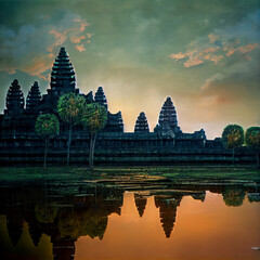 Fototapeta premium ancient temple complex Angkor Wat with reflected in lake Siem Reap, Cambodia