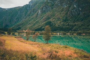 Beautiful fjord in Norway with very bright water on a beautiful autumn day