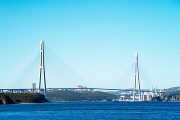 Russky or Russian Bridge is cable-stayed bridge, Vladivostok, Primorsky Krai, Russia. Bridge connects Russky Island and Muravyov-Amursky Peninsula sections of city across Eastern Bosphorus strait
