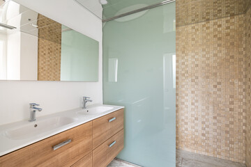 Interior of a bathroom with shower cabin, two white sinks, wooden furniture in natural light