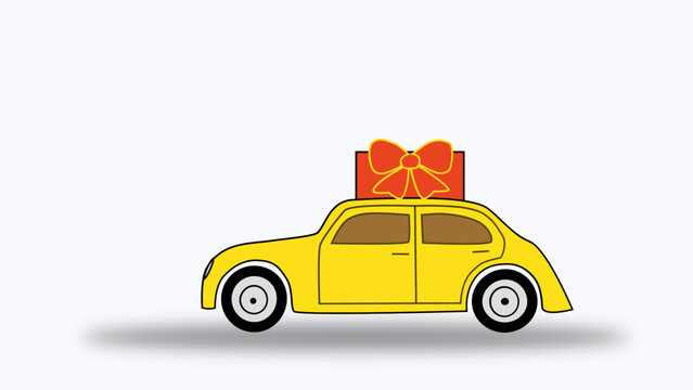 yellow car with gift in the white background
