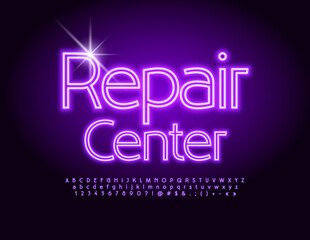 Vector glowing logo Repair Center. Bright Neon Font. Electric Alphabet Letters, Numbers and Symbols set