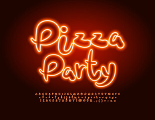 Vector neon banner Pizza Party. Bright handwritten Font. Glowing Alphabet Letters and Numbers set