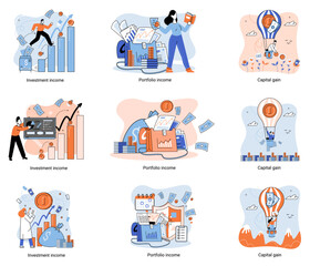 Capital gain, portfolio income, investment income. Investments and bonds, cash flow money slot, mutual fund, finance abstract metaphor. Money investing financiers analyzing stock market profit dollars