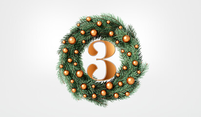 The 12 days of christmas. 3rd day festive wreath and text. 3D Rendering