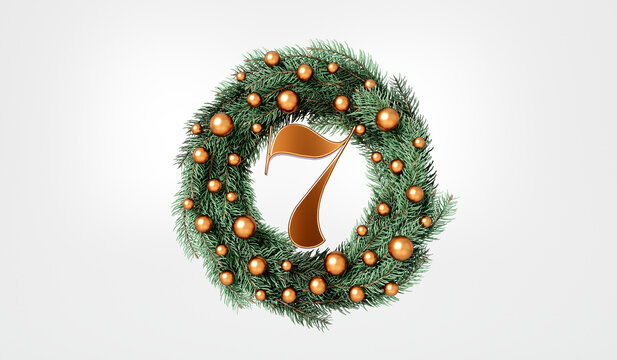 The 12 days of christmas. 7th day festive wreath and text. 3D Rendering