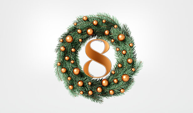 The 12 days of christmas. 8th day festive wreath and text. 3D Rendering