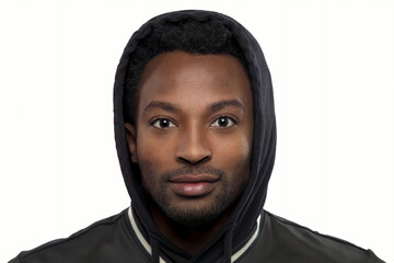 student on white background young man wearing black hoody isolated studio headshot portrait