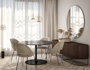 Modern interior design of living room. Luxurious apartment background with contemporary design. Wall mock up. 3D render, 3D illustration.
