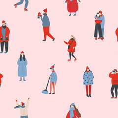 Seamless Christmas pattern with happy people shopping for winter holidays. Xmas lifestyle background, print with characters, gift boxes, bags, purchases. Colored flat graphic vector illustration