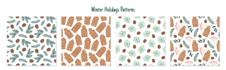 Set of 4 winter seamless patterns with spruce twigs, pine twigs, cones, gingerbread houses and berries. Christmas and New Year's holiday decor for wrapping paper, scrapbooking, textile, fabric prints.