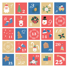 Christmas Advent calendar decorated with holiday characters and symbols. Winter holiday season vector illistration.