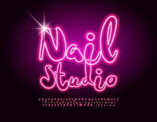Vector creative banner Nail Studio. Pink Neon Font. Bright Glowing Alphabet Letters and Numbers. 