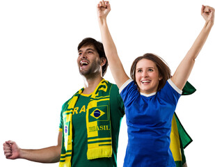 Brazilian couple Celebrating and cheering for Brazil