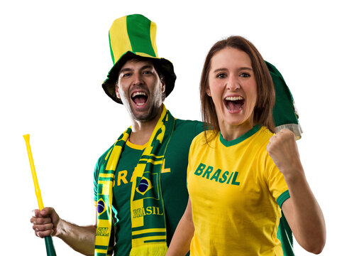 Brazilian couple Celebrating and cheering for Brazil
