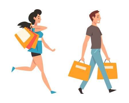 Happy Man and Woman Character Doing Shopping Carrying Bags with Purchase Vector Set