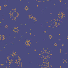 Fototapeta na wymiar Seamless pattern with constellations. Sun, moon, magic hands and stars. Mystical esoteric background for design. Astrology magical vector.