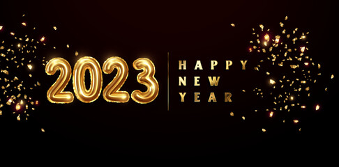 Happy new year 2023 typography text celebration poster design. glowing golden number with gold fireworks explosion element and dark sky background vector illustration.