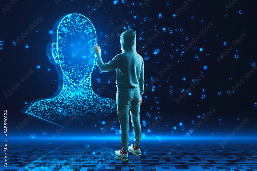 Poster Hacker using glowing digital blue head outline on blurry dark background. Machine learning, hacking, AI and technology concept.