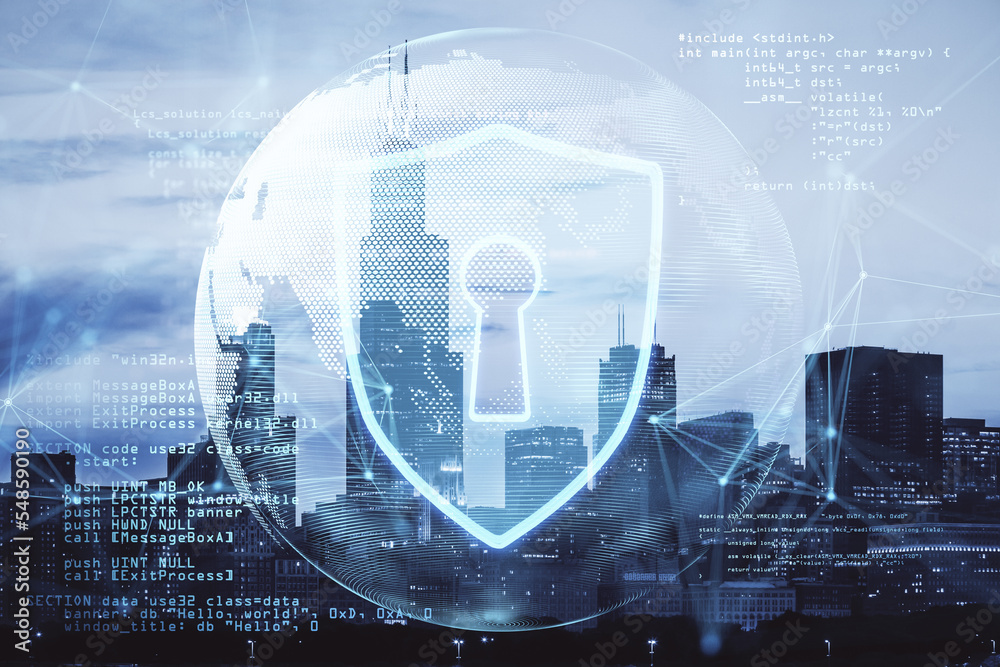 Poster abstract safety hologram with globe and coding on blurry night city and sky wallpaper. secure, prote