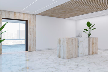 Clean wooden and concrete office lobby interior with window and city view. Waiting area and hotel concept. 3D Rendering.