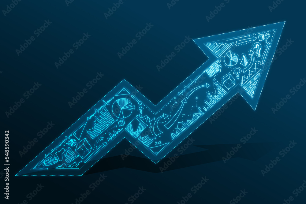 Poster Education, studying and personal development concept with digital growing arrow with graphs and mathematical symbols inside on dark background. 3D rendering
