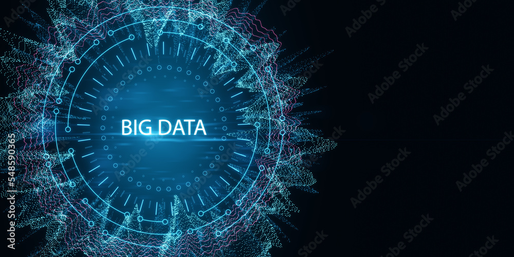 Leinwandbilder Big data visualization and data flow concept with abstract digital data graph waves on blank dark technological background with place for your advertising text. 3D rendering, mock up
