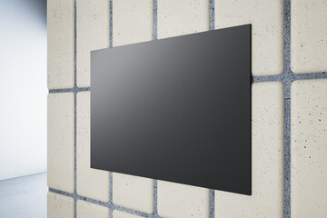 Close up of clean black underground banner on concrete tile wall on hallway background. 3D Rendering.